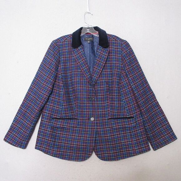 Talbots Blazer Women Plus 14 W Plaid‎ Wool Blend Velvet Collar Career Office - Picture 1 of 10